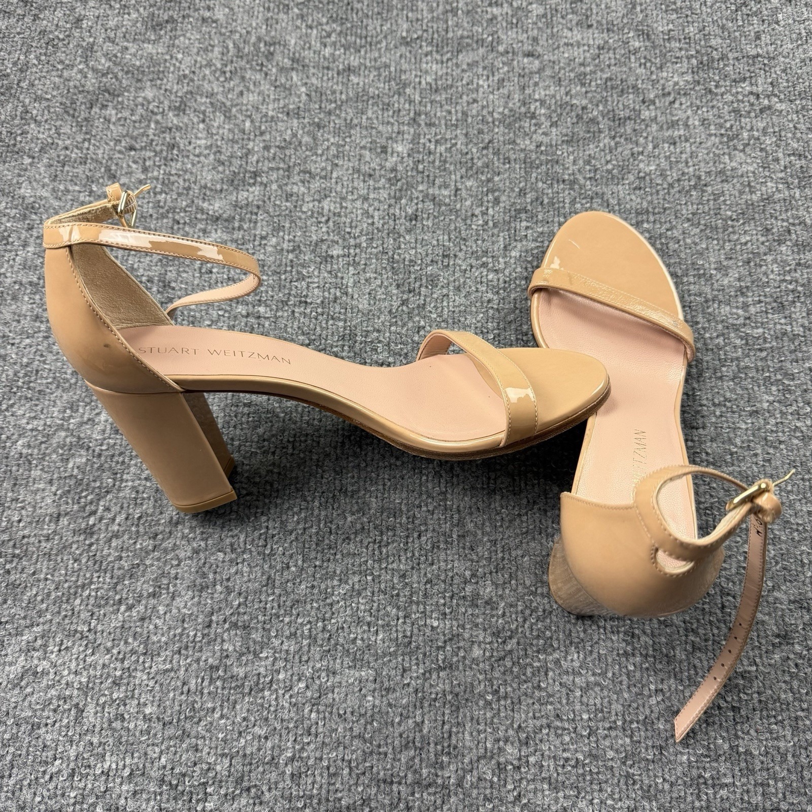 Stuart Weitzman Nude Patent Ankle Strap Block Heel Sandals 9.5m As-Is